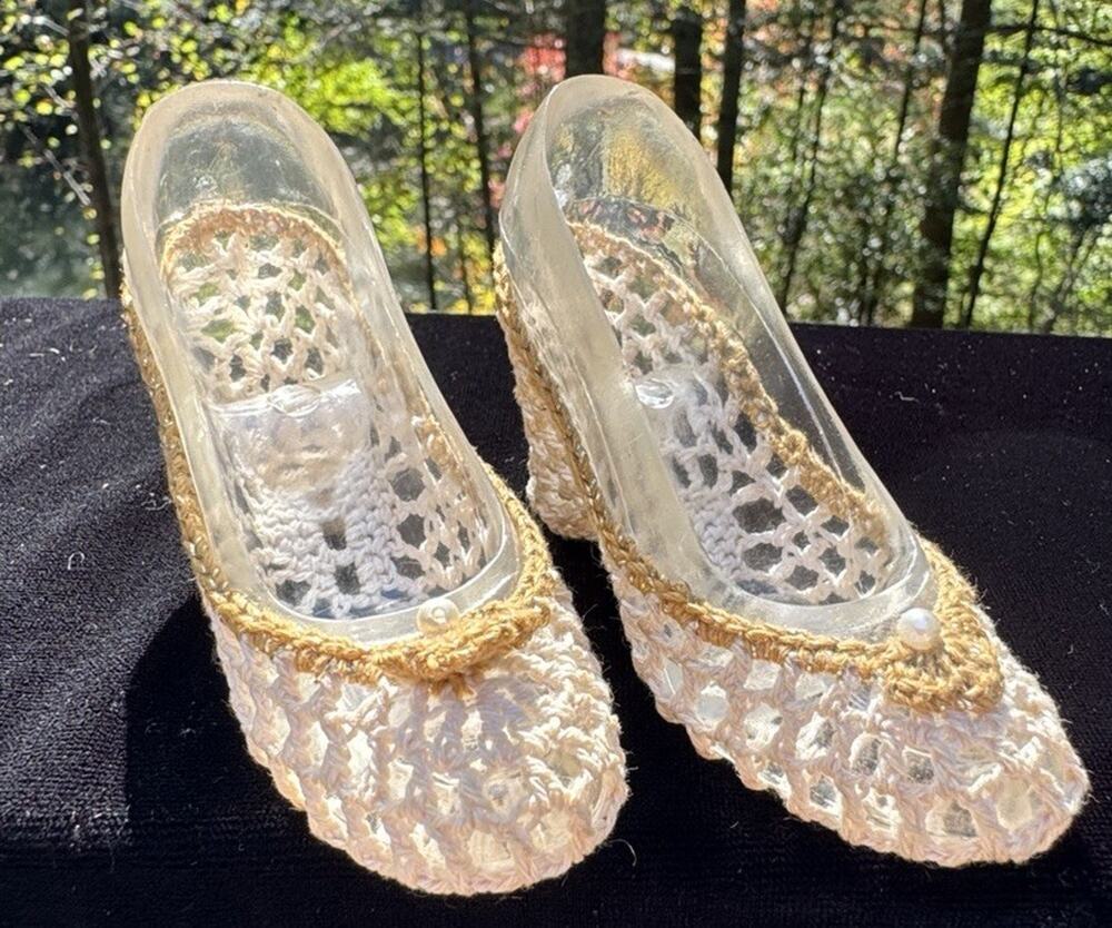 DECORATIVE HAND CROCHETED HIGH HEEL Shoes -TWO PAIRS AND PLASTIC SHOE FORM S1